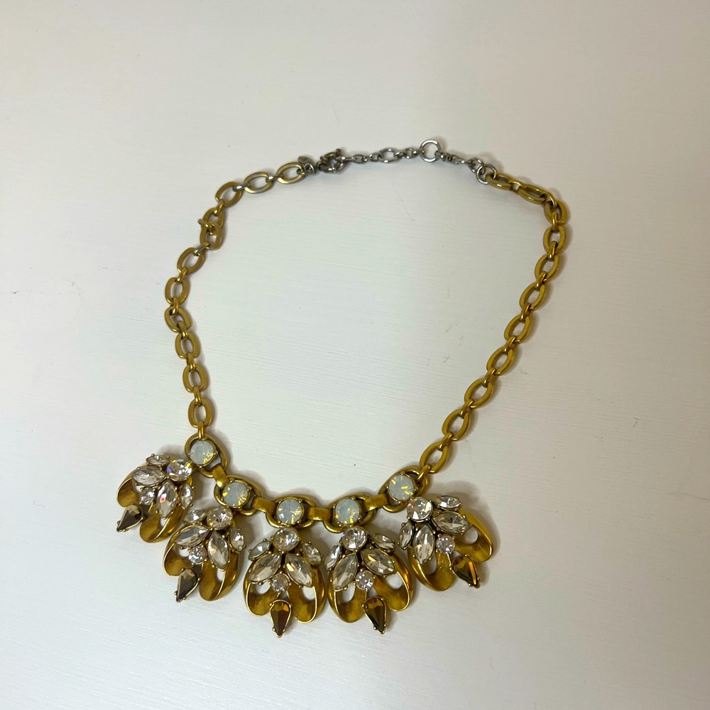 J. Crew Clear, White, and Gold Rhinestone Statement Necklace